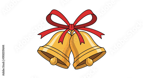 Festive golden bells with red ribbon for holiday decoration
