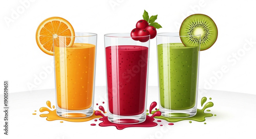 A colorful illustration of three glasses of juice with fruit garnishes on a white background