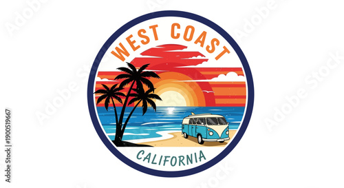 Retro California Beach Logo with Sunset and Vintage Van