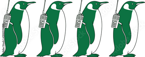 Penguin with walkie talkie, funny cartoon birds, communication concept, teamwork mascot, isolated vector character set, cute animal illustration