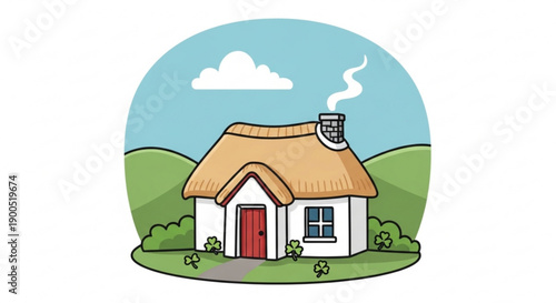 Cozy little white house with brown thatched roof and red door in green landscape under blue sky