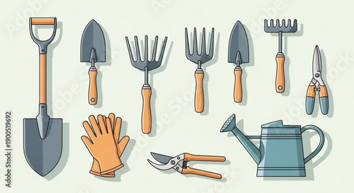 A set of gardening tools and equipment in a flat vector illustration style