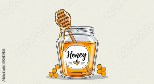 A vector graphic illustration of a honey jar with a honey dipper and honeycombs on a plain background