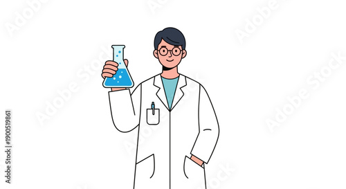 Smiling scientist holding a flask with blue liquid in lab coat