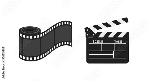 Film reel and clapperboard icons in minimalist black and white design