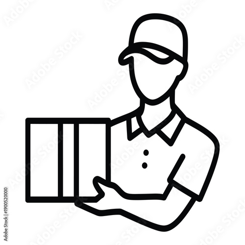 Delivery man courier icon outline vector illustration holding package box wearing uniform hat for logistics service shipment