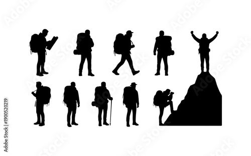 Diverse Hikers Reaching Mountain Summit Silhouettes