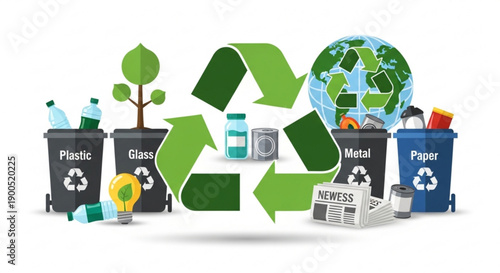 A vector graphic illustrating the recycling process with labeled bins for plastic, glass, metal, and paper, surrounded by recyclable materials and a green recycling symbol.