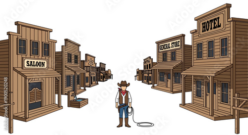 Cartoon cowboy in Western town with saloon and hotel buildings