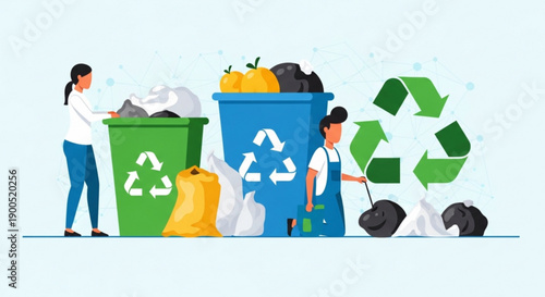 A vector graphic illustration of two people recycling trash and garbage into green and blue bins with a large recycling symbol