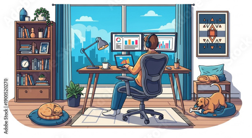 A man works from home on his computer with a cat and dog nearby in a modern home office