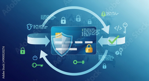 A vector graphic illustration of a security shield with locks and keys, representing online protection and safety.