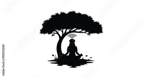 Silhouette of a person meditating peacefully under a tree, symbolizing growth and inner peace.
