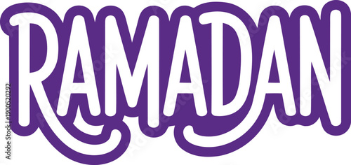 Stylish purple Ramadan lettering with a clean white outline against a bright plain background