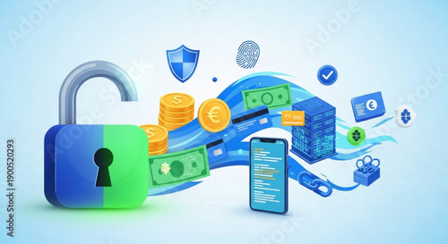 A vector graphic illustration of a padlock with money and security symbols surrounding it