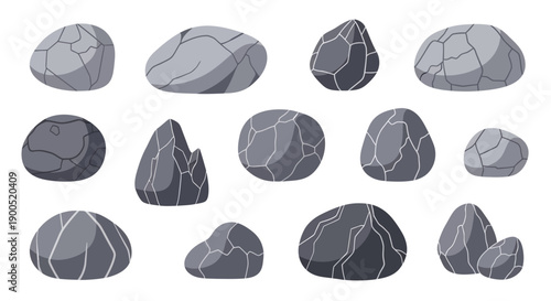 Collection of Various Cartoon Gray Rocks with Cracks