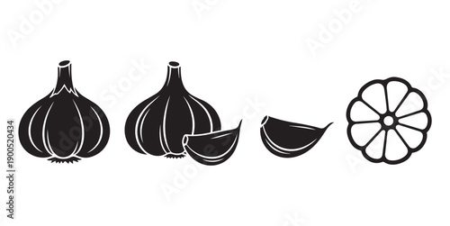 Black and white garlic silhouette vector design with bulbs and cloves illustrated clearly.