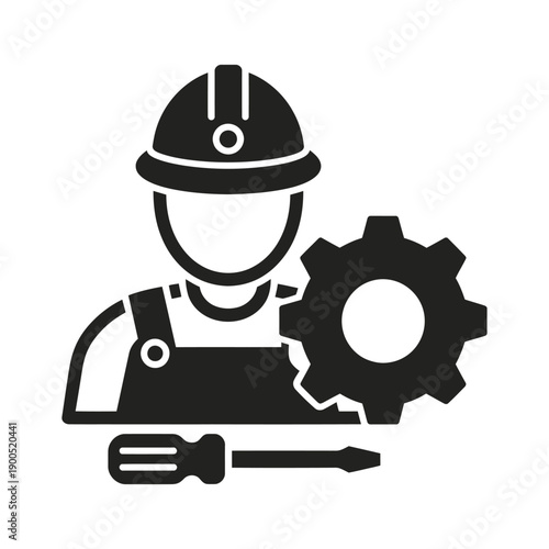 Service engineer icon set including worker in hard hat gear and screwdriver symbols for maintenance and repair professional jobs