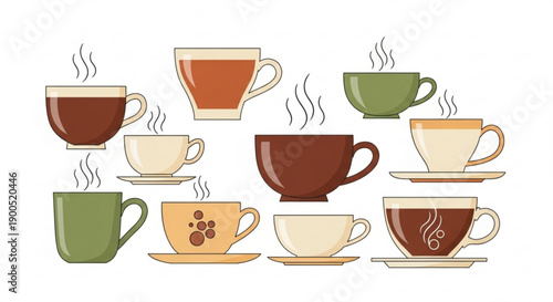 A colorful illustration of various coffee cups and mugs in different colors and designs