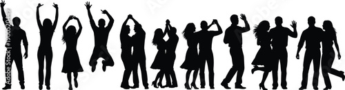 people silhouettes, dancing crowd, group celebration, party nightlife, happy friends, men women figures, social event, movement, music, energy, vector
