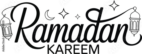 Stylized black outline typography spelling Ramadan Kareem surrounded by festive lanterns and stars