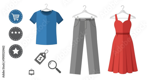 Flat lay of clothing items and shopping icons on white background