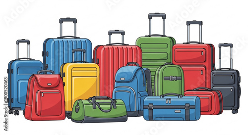 A colorful illustration of various suitcases and bags for travel