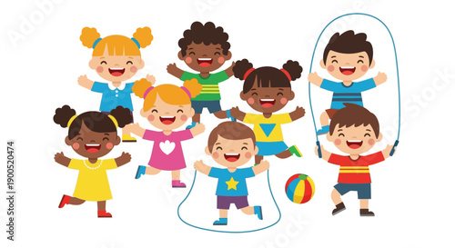 Happy children playing with jump rope and ball in cartoon style