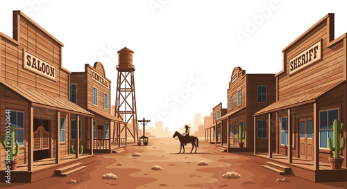 Western cowboy town with wooden buildings and water tower