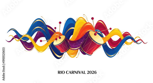 Vibrant illustration of samba dancers and colorful streamers at Rio Carnival 2026 in Brazil