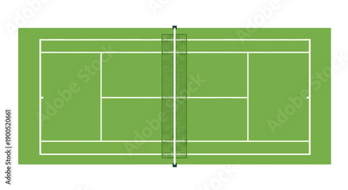 Top view of a green tennis court with net and markings