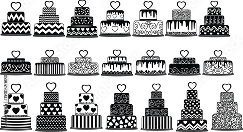 Black Wedding Cake Silhouette Collection with Heart Toppers Decorative Patterned Dessert Illustration Isolated on White Background
