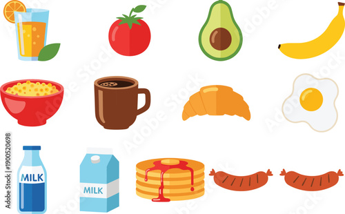 Breakfast Food and Drink Icon Set with Fruits, Pancakes, Milk, Coffee, Eggs and Croissant Flat Color Illustration Isolated on White Background