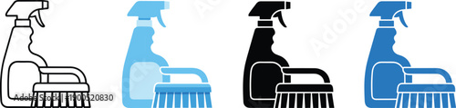 Cleaning spray bottle and scrub brush icon set in multiple styles, household hygiene tools, sanitation equipment symbols, flat vector illustration, isolated on white background