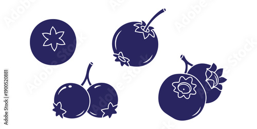 Dark blue blueberry silhouette vector design with stylized berries and white outlined details.