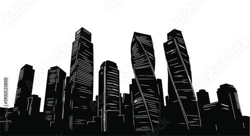 Modern city skyline with diverse architectural styles reaching towards the sky.