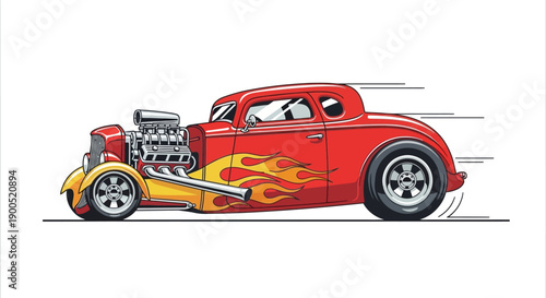 Vintage red hot rod car with flame design on white background