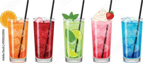 Colorful summer cocktail drinks illustration set with fruit, ice cubes, straws, and refreshing beverages isolated on white background