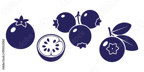  Dark blue blueberry silhouette vector design with whole, sliced and clustered berries illustrated