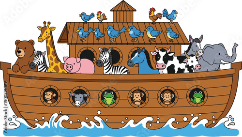 Cute cartoon Noah’s Ark illustration with colorful animals and birds sailing on water, children education, nursery, and storybook design