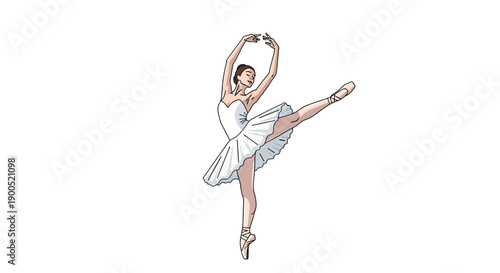 Elegant ballet dancer in white tutu performing arabesque on white background