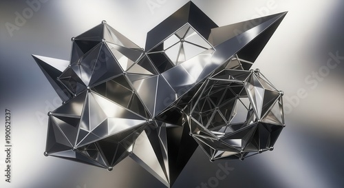 Complex three dimensional geometric structure rendered with polished metallic surfaces