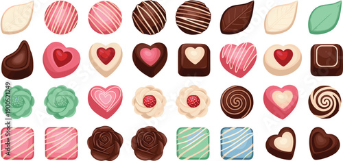 Cute Chocolate Candy Assortment Icon Set with Heart Shaped Sweets and Decorative Bonbons Flat Illustration Isolated on White Background