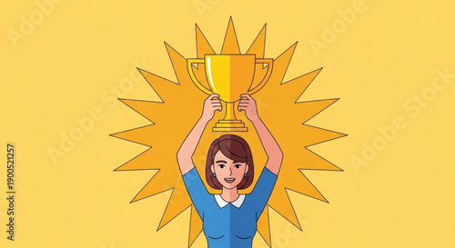 Woman celebrating victory with trophy symbolizing achievement and success