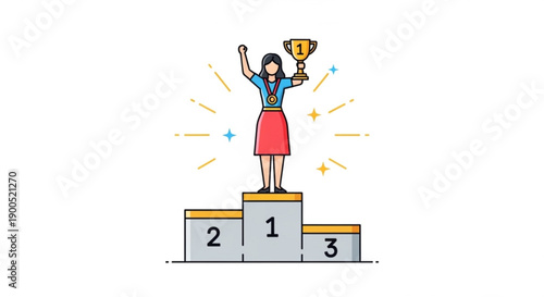 Woman standing on first place podium with trophy and celebrating victory
