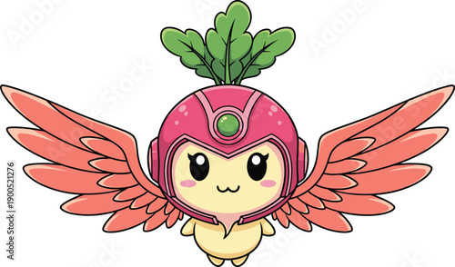 Cute fantasy creature mascot with wings and radish helmet, adorable cartoon character design, playful kawaii style illustration, game and kids concept, flat vector art, isolated on white background