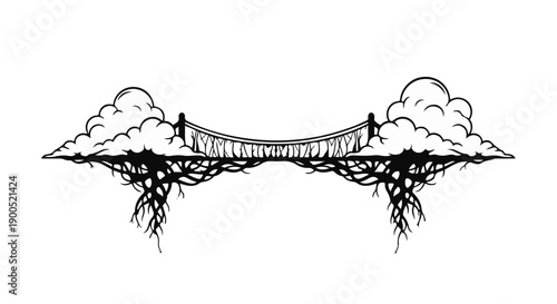 Whimsical bridge connecting ethereal clouds with dark, twisting roots below