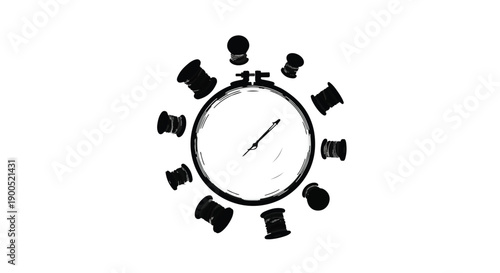 Handheld embroidery hoop with thread spools arranged like clock hands, symbolizing time and creativity.