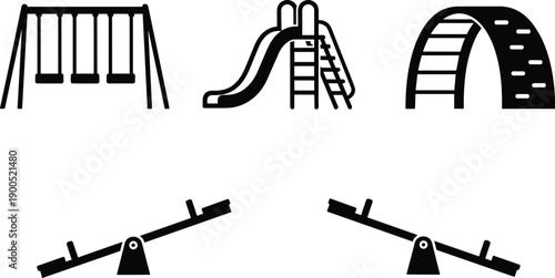 Playground equipment silhouettes set, swing, slide, climbing arch, seesaw icons, children park play area vector illustration isolated