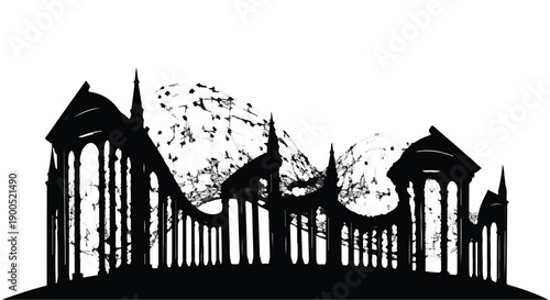 Abstract architectural silhouette with swirling musical notes